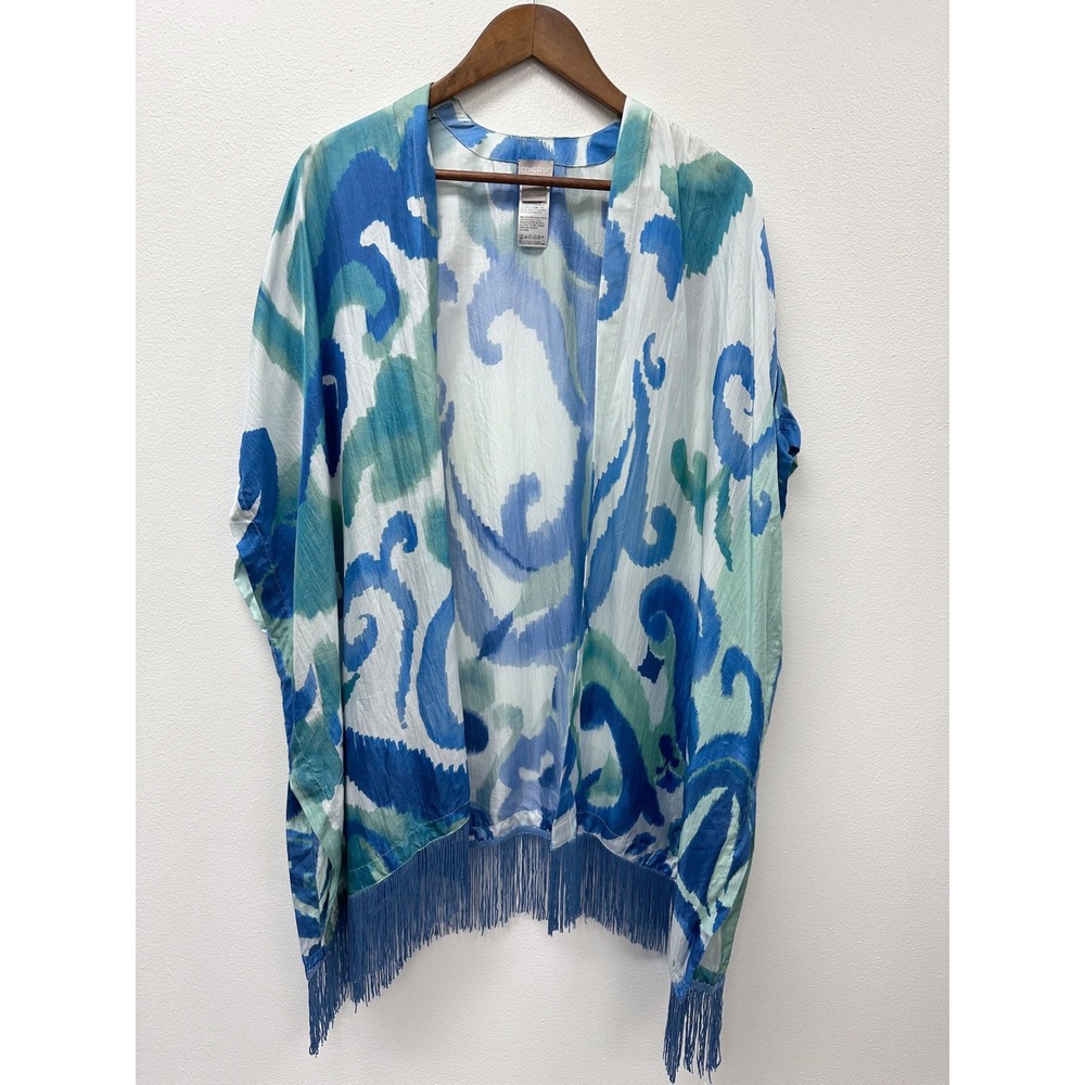 Chico's Silk Abstract Print Fringe Trim Kimono Swim Cover OS